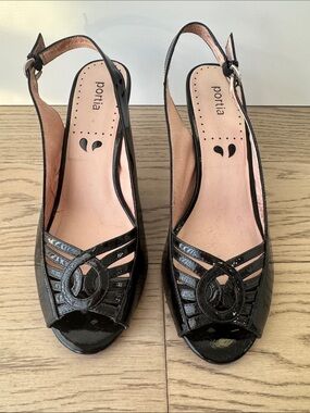 Portia Diana Black Patent Leather Slingback Peep-Toe Heels - 10